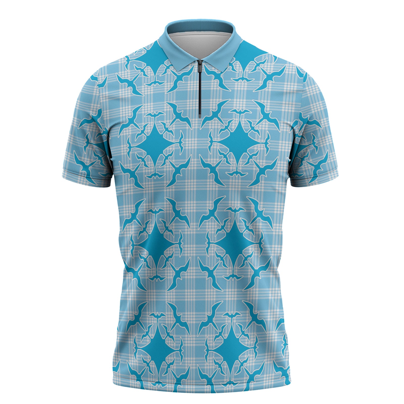 Polu Hawaii Iwa Bird Palaka Motifs Zipper Polo Shirt LT14 Blue - Polynesian Pride