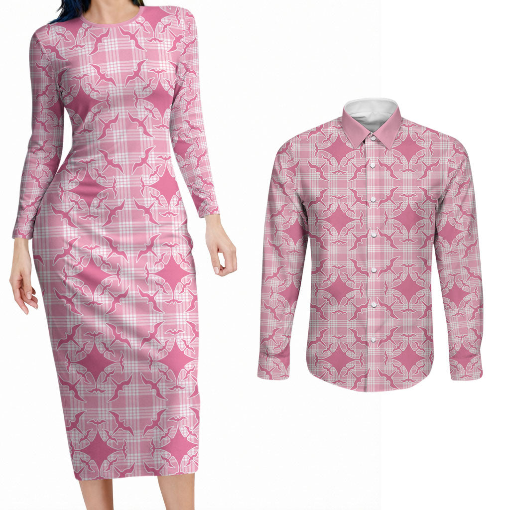 Alaka Hawaii Iwa Bird Palaka Motifs Couples Matching Long Sleeve Bodycon Dress and Long Sleeve Button Shirt LT14 Pink - Polynesian Pride