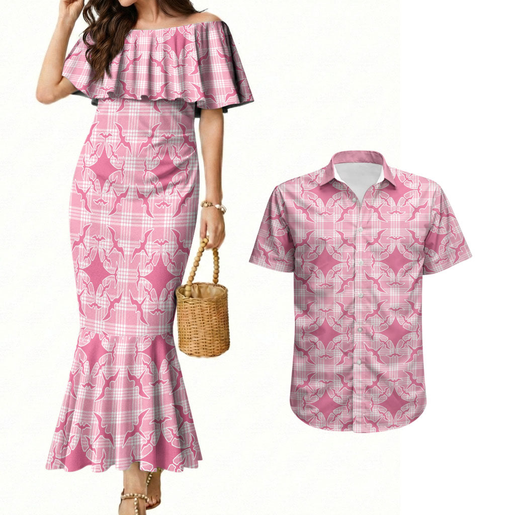 Alaka Hawaii Iwa Bird Palaka Motifs Couples Matching Mermaid Dress and Hawaiian Shirt LT14 Pink - Polynesian Pride