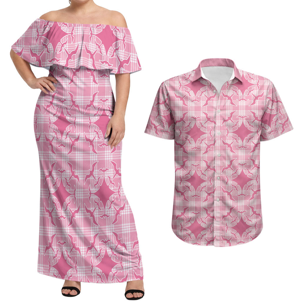 Alaka Hawaii Iwa Bird Palaka Motifs Couples Matching Off Shoulder Maxi Dress and Hawaiian Shirt LT14 Pink - Polynesian Pride