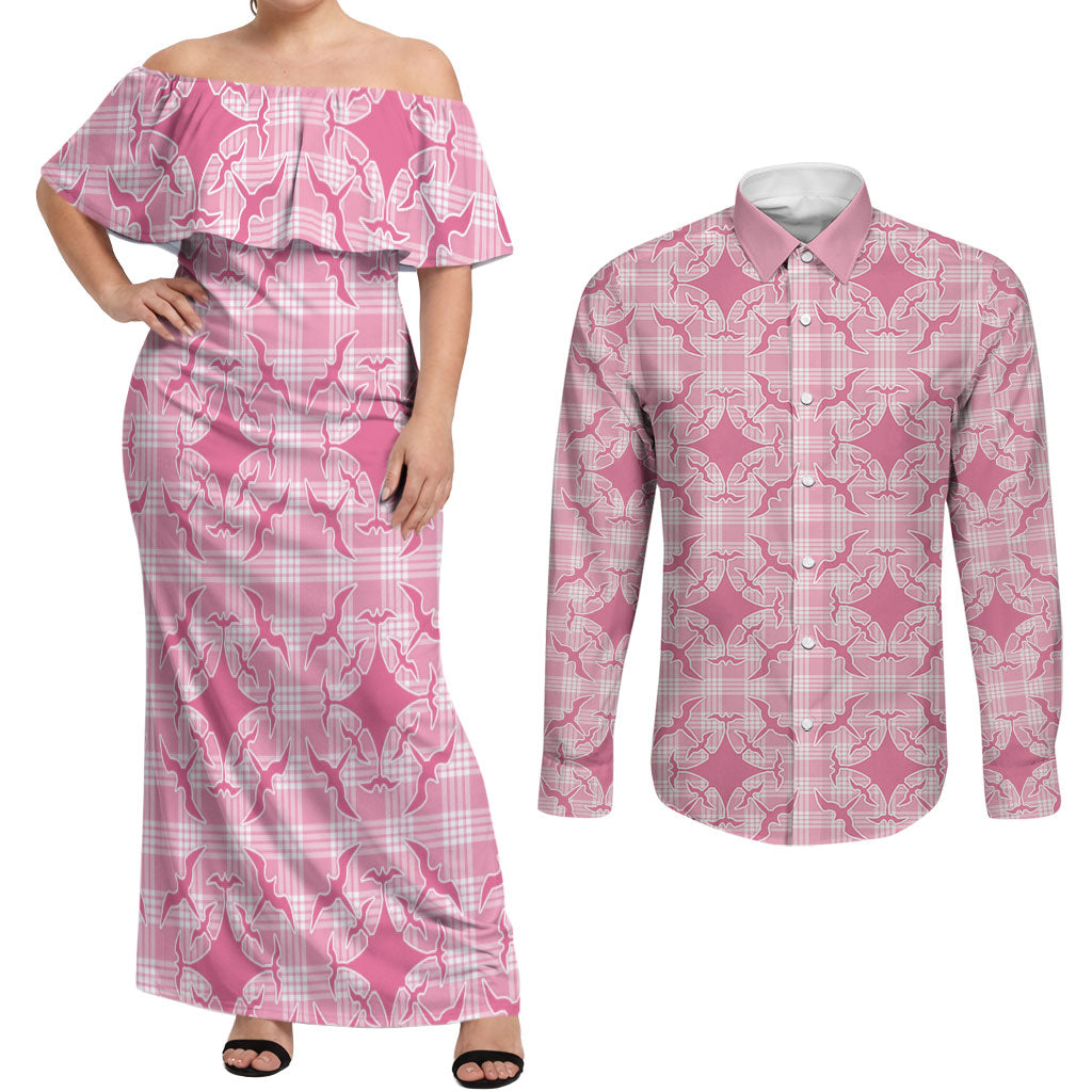 Alaka Hawaii Iwa Bird Palaka Motifs Couples Matching Off Shoulder Maxi Dress and Long Sleeve Button Shirt LT14 Pink - Polynesian Pride