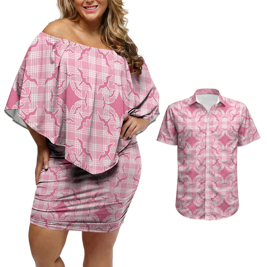 Alaka Hawaii Iwa Bird Palaka Motifs Couples Matching Off Shoulder Short Dress and Hawaiian Shirt LT14 Pink - Polynesian Pride