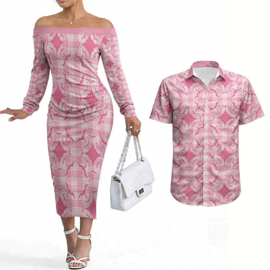 Alaka Hawaii Iwa Bird Palaka Motifs Couples Matching Off The Shoulder Long Sleeve Dress and Hawaiian Shirt LT14 Pink - Polynesian Pride