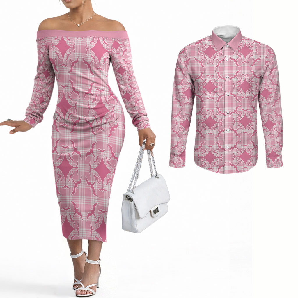 Alaka Hawaii Iwa Bird Palaka Motifs Couples Matching Off The Shoulder Long Sleeve Dress and Long Sleeve Button Shirt LT14 Pink - Polynesian Pride