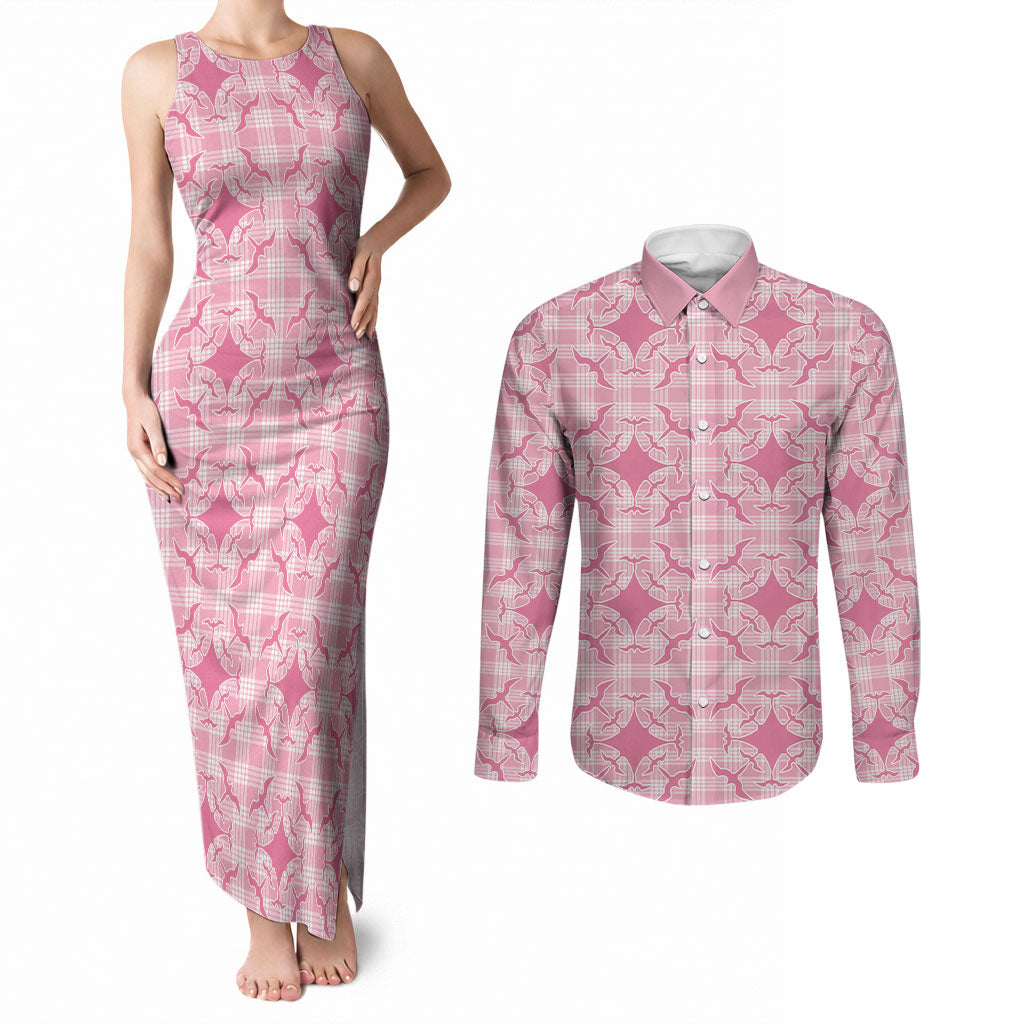 Alaka Hawaii Iwa Bird Palaka Motifs Couples Matching Tank Maxi Dress and Long Sleeve Button Shirt LT14 Pink - Polynesian Pride