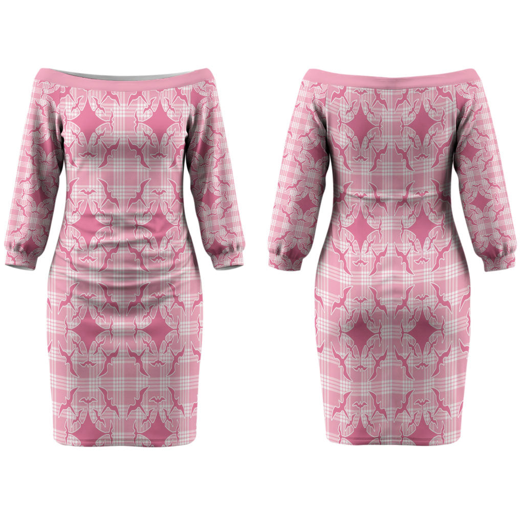 Alaka Hawaii Iwa Bird Palaka Motifs Family Matching Off The Shoulder Long Sleeve Dress and Hawaiian Shirt LT14 Mom's Dress Pink - Polynesian Pride