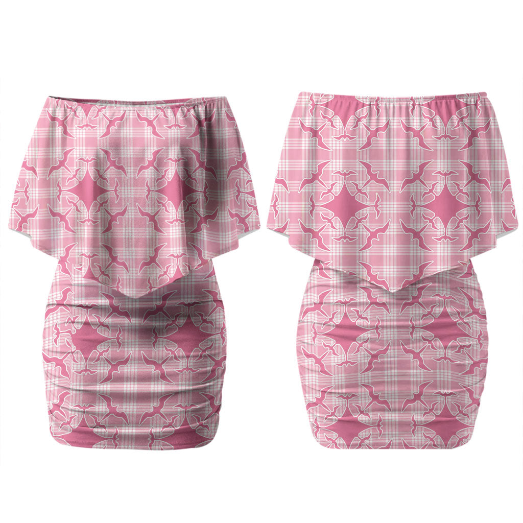 Alaka Hawaii Iwa Bird Palaka Motifs Family Matching Off Shoulder Short Dress and Hawaiian Shirt LT14 Mom's Dress Pink - Polynesian Pride