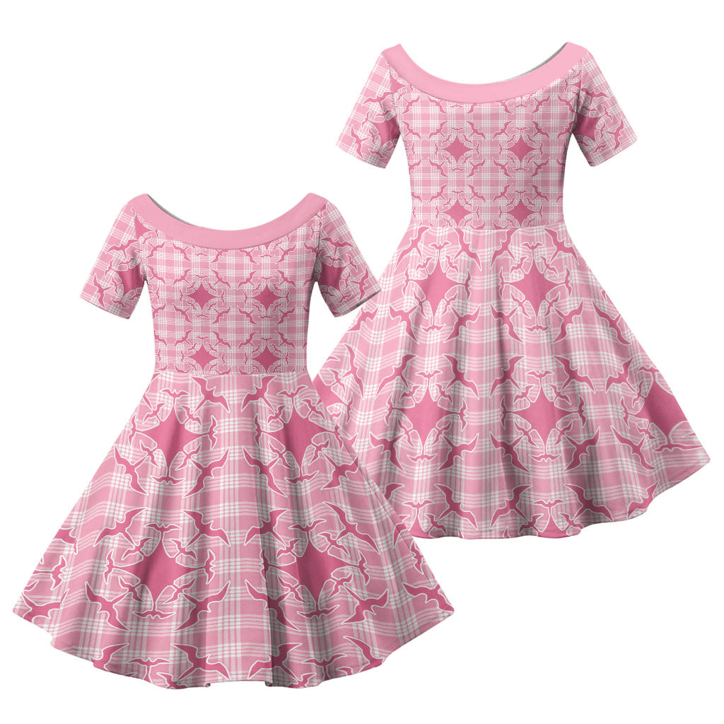 Alaka Hawaii Iwa Bird Palaka Motifs Family Matching Short Sleeve Bodycon Dress and Hawaiian Shirt LT14 Daughter's Dress Pink - Polynesian Pride