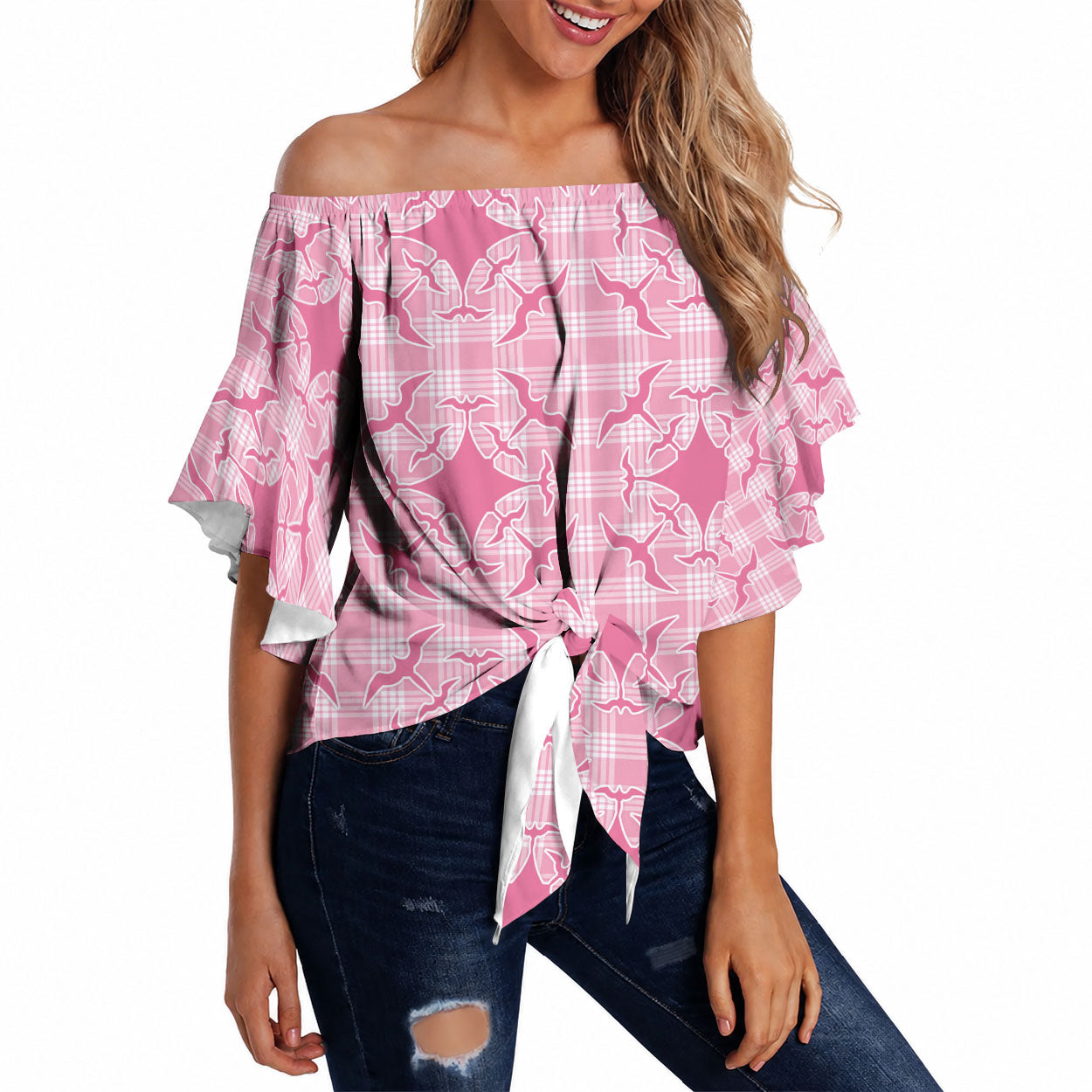 Alaka Hawaii Iwa Bird Palaka Motifs Off Shoulder Wrap Waist Top LT14 Pink - Polynesian Pride
