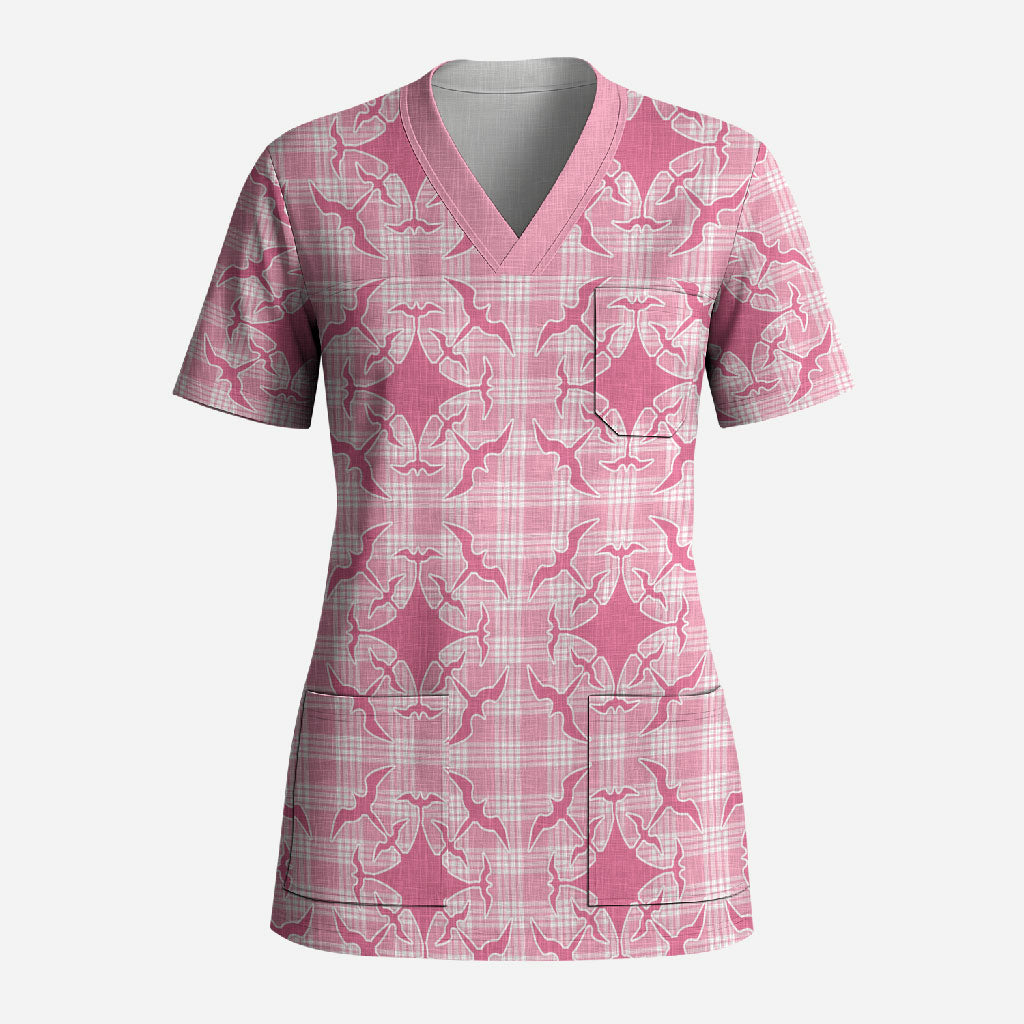 Alaka Hawaii Iwa Bird Palaka Motifs Scrub Top LT14 Adult Pink - Polynesian Pride