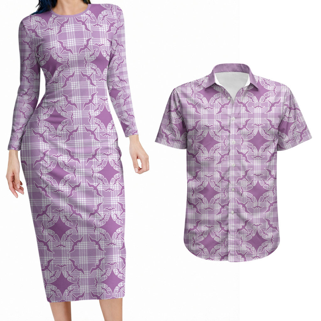 Poni Hawaii Iwa Bird Palaka Motifs Couples Matching Long Sleeve Bodycon Dress and Hawaiian Shirt LT14 Purple - Polynesian Pride