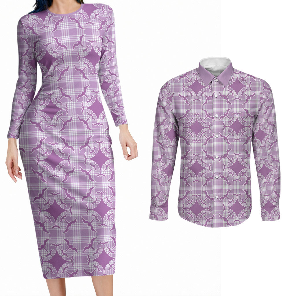 Poni Hawaii Iwa Bird Palaka Motifs Couples Matching Long Sleeve Bodycon Dress and Long Sleeve Button Shirt LT14 Purple - Polynesian Pride