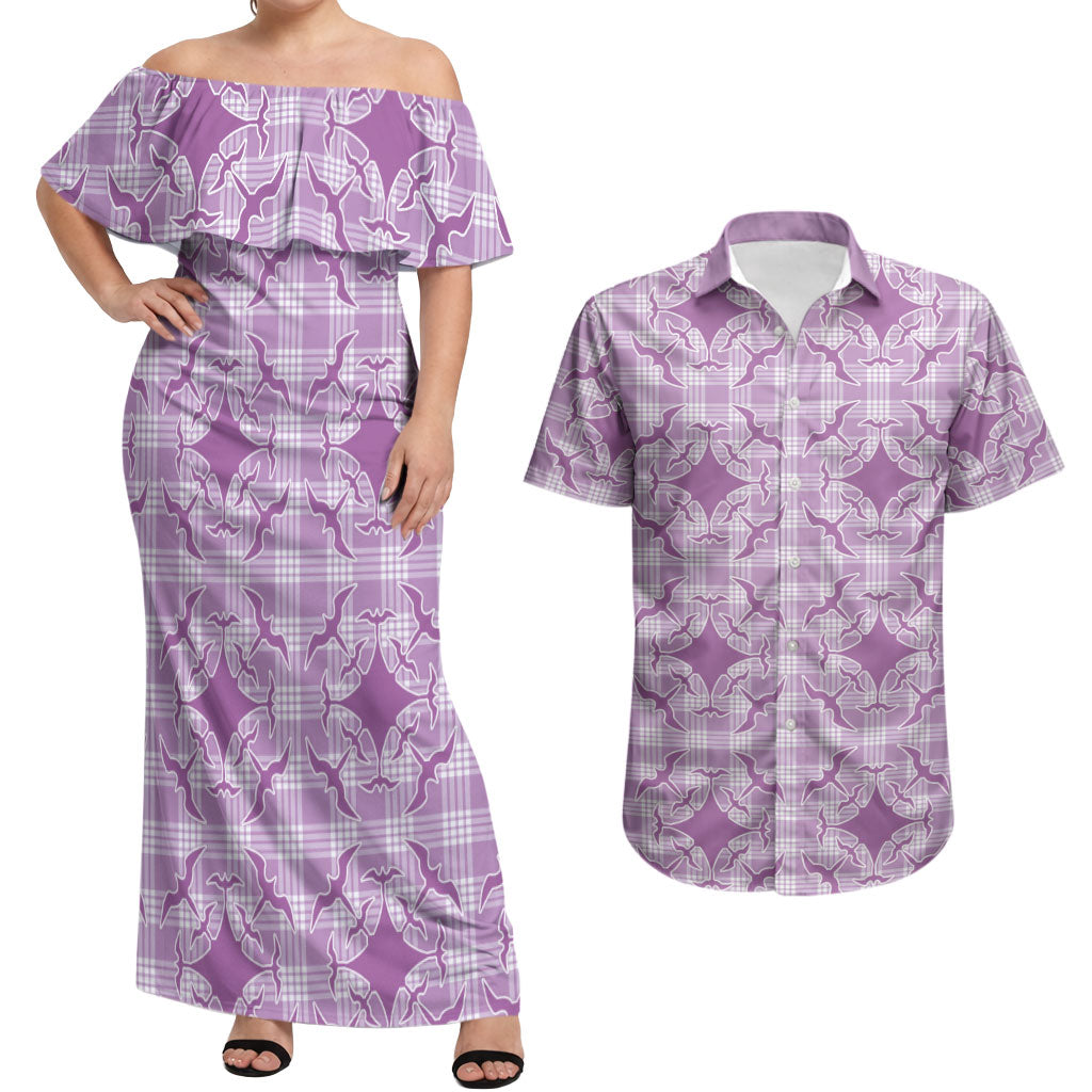 Poni Hawaii Iwa Bird Palaka Motifs Couples Matching Off Shoulder Maxi Dress and Hawaiian Shirt LT14 Purple - Polynesian Pride