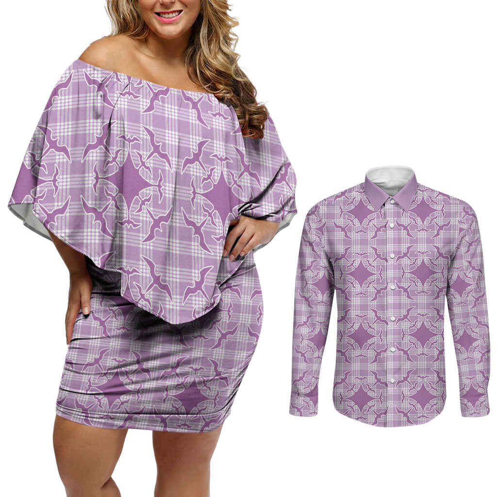 Poni Hawaii Iwa Bird Palaka Motifs Couples Matching Off Shoulder Short Dress and Long Sleeve Button Shirt LT14 Purple - Polynesian Pride