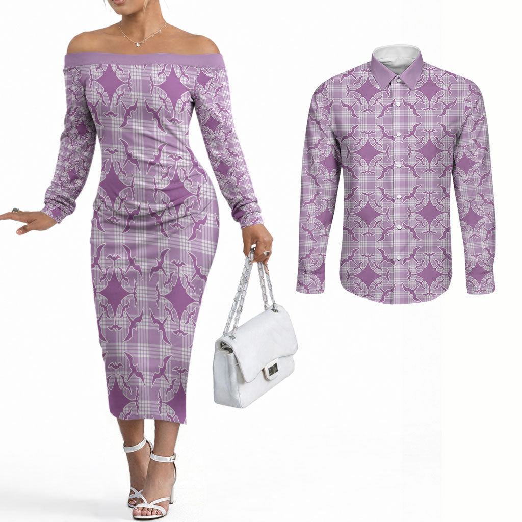 Poni Hawaii Iwa Bird Palaka Motifs Couples Matching Off The Shoulder Long Sleeve Dress and Long Sleeve Button Shirt LT14 Purple - Polynesian Pride