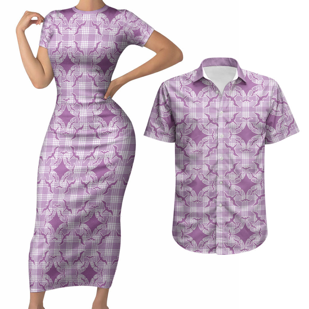 Poni Hawaii Iwa Bird Palaka Motifs Couples Matching Short Sleeve Bodycon Dress and Hawaiian Shirt LT14 Purple - Polynesian Pride