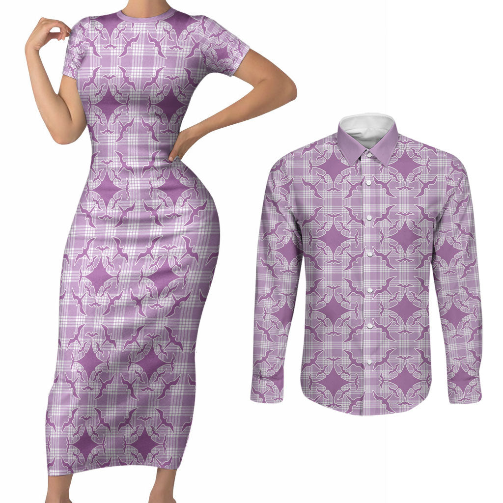 Poni Hawaii Iwa Bird Palaka Motifs Couples Matching Short Sleeve Bodycon Dress and Long Sleeve Button Shirt LT14 Purple - Polynesian Pride