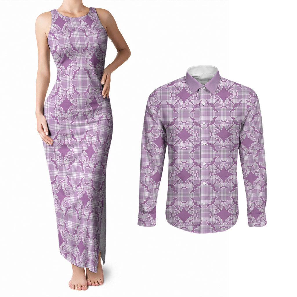 Poni Hawaii Iwa Bird Palaka Motifs Couples Matching Tank Maxi Dress and Long Sleeve Button Shirt LT14 Purple - Polynesian Pride