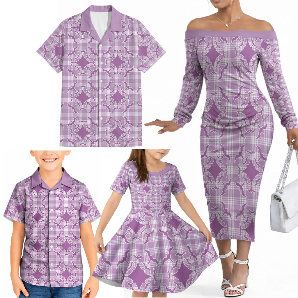 Poni Hawaii Iwa Bird Palaka Motifs Family Matching Off The Shoulder Long Sleeve Dress and Hawaiian Shirt LT14 - Polynesian Pride