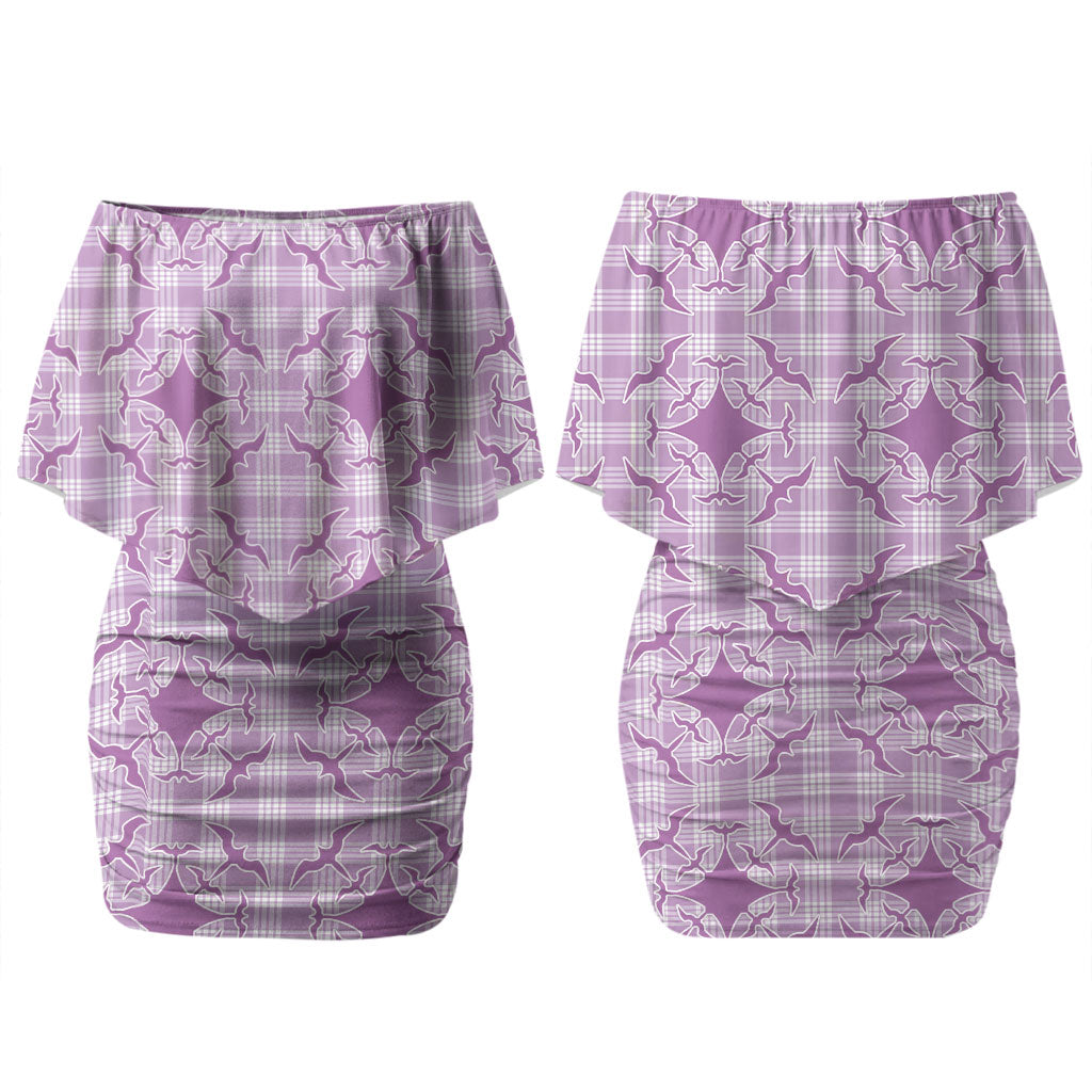 Poni Hawaii Iwa Bird Palaka Motifs Family Matching Off Shoulder Short Dress and Hawaiian Shirt LT14 Mom's Dress Purple - Polynesian Pride