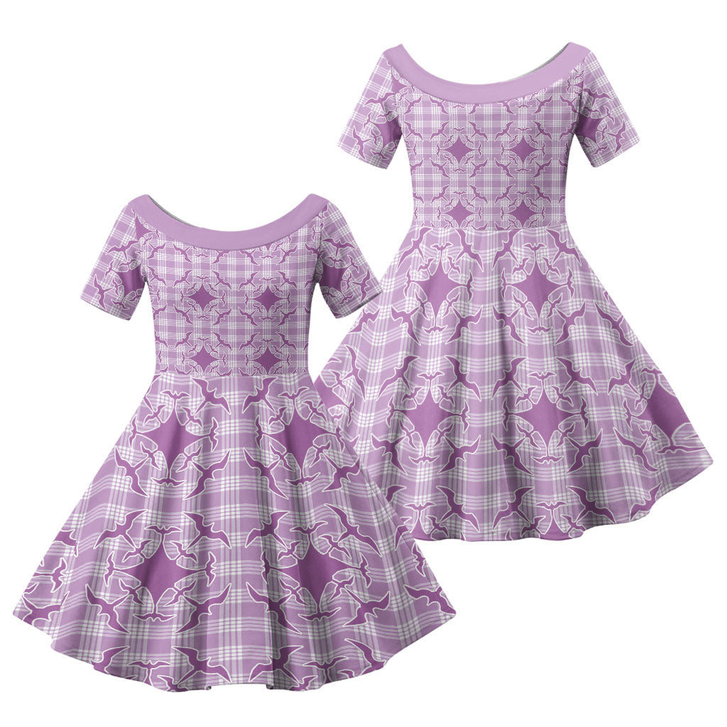 Poni Hawaii Iwa Bird Palaka Motifs Family Matching Off Shoulder Short Dress and Hawaiian Shirt LT14 Daughter's Dress Purple - Polynesian Pride