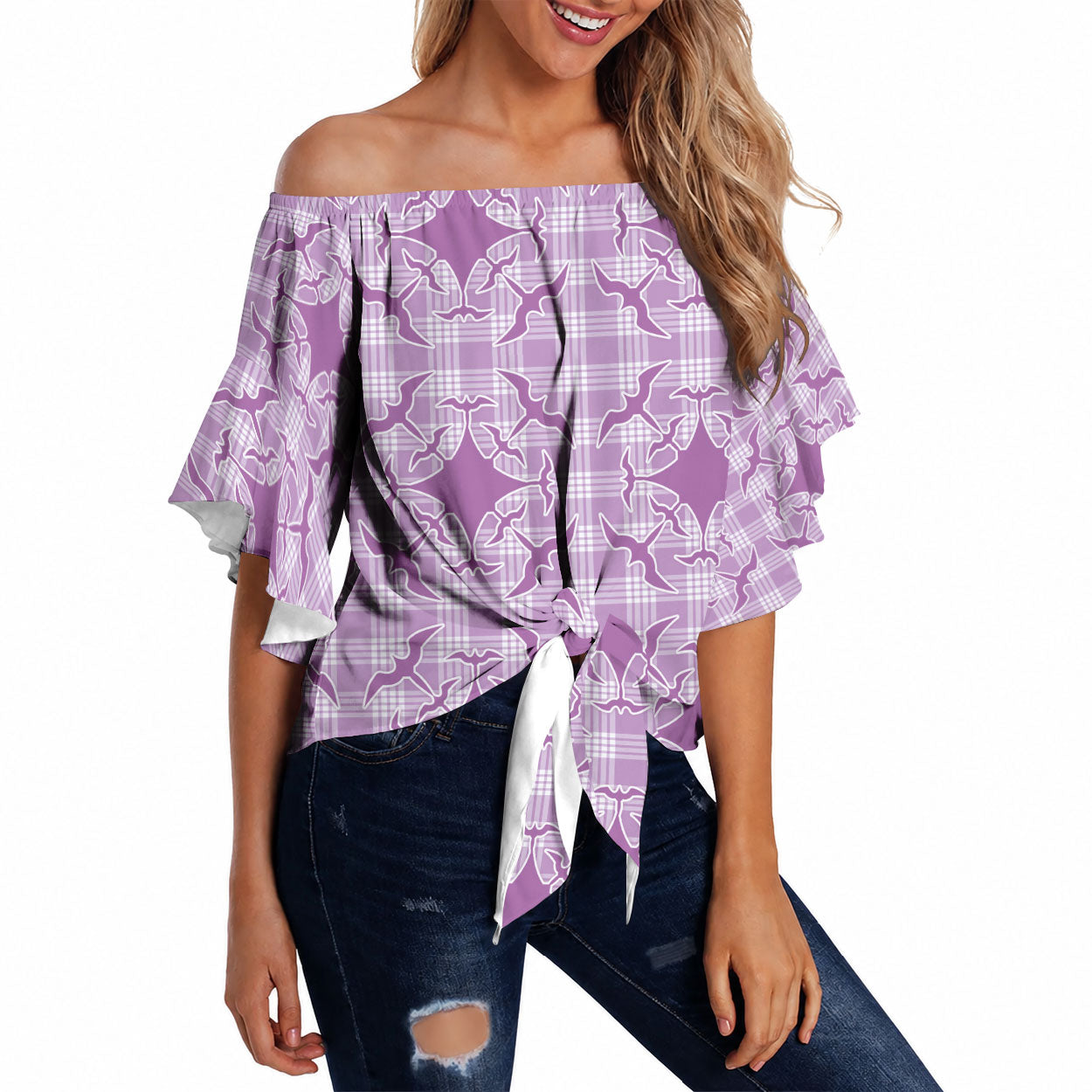 Poni Hawaii Iwa Bird Palaka Motifs Off Shoulder Wrap Waist Top LT14 Purple - Polynesian Pride
