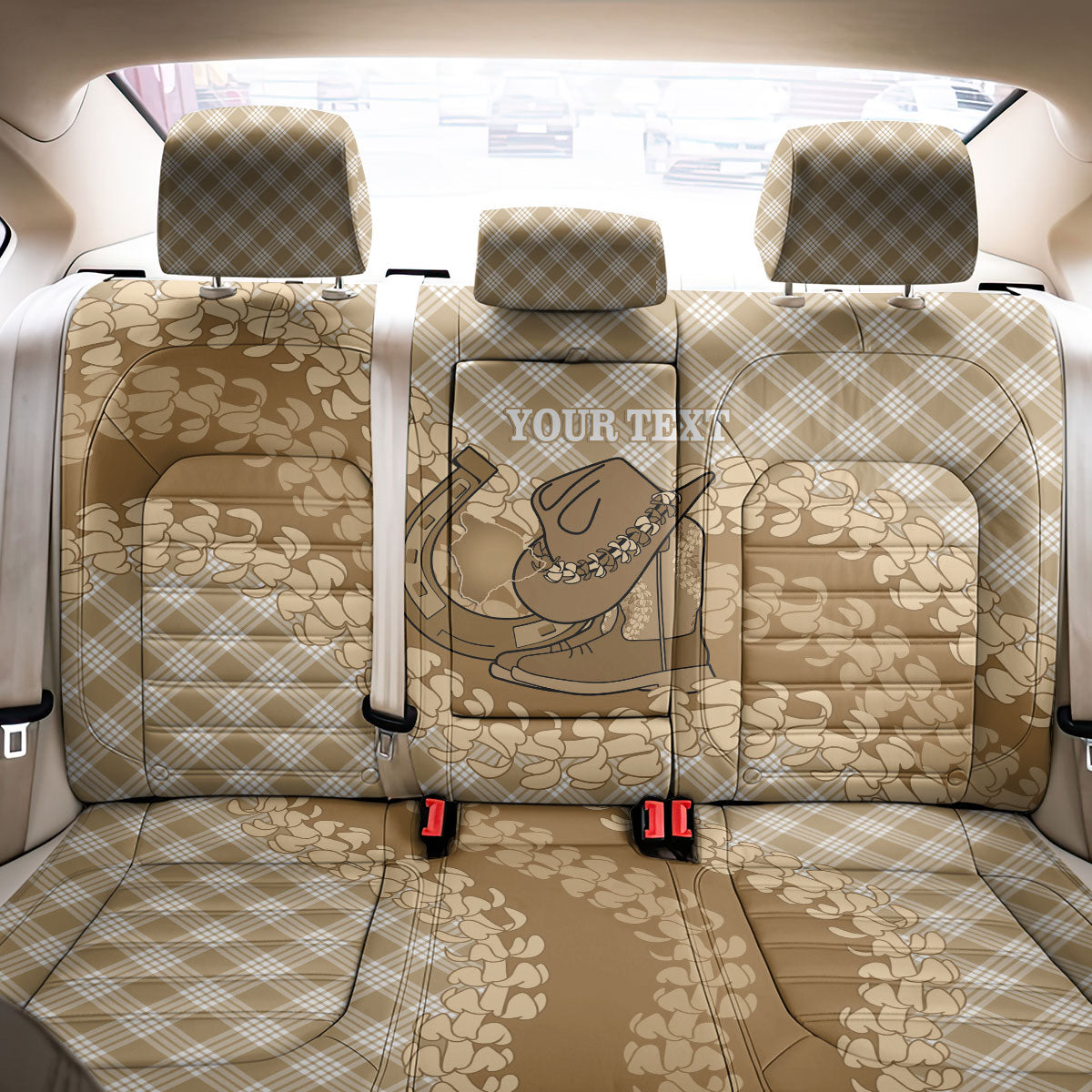 Makue Hawaii Cowboy Palaka Motifs Personalised Back Car Seat Cover Paniolo Festival Puakenikeni Lei LT14 - Polynesian Pride