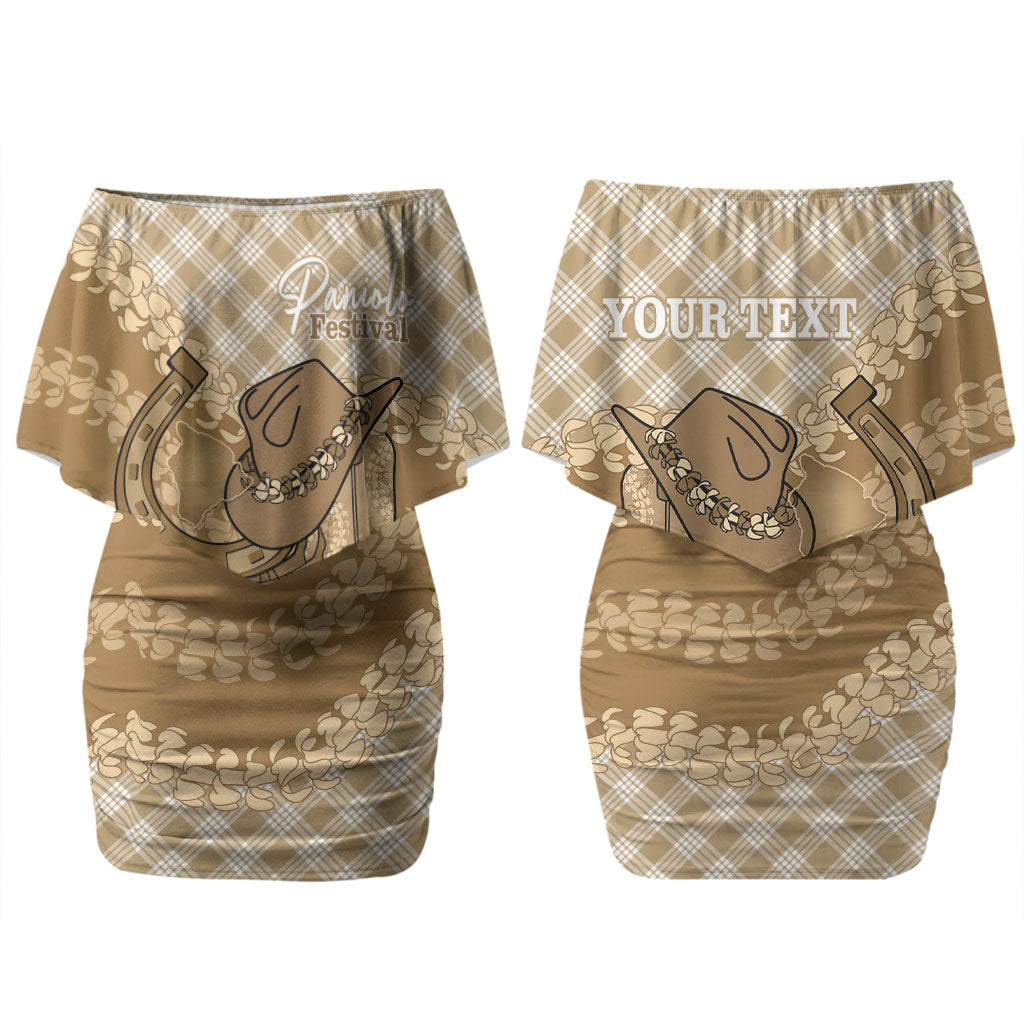 Makue Hawaii Cowboy Palaka Motifs Personalised Couples Matching Off Shoulder Short Dress and Hawaiian Shirt Paniolo Festival Puakenikeni Lei LT14 - Polynesian Pride