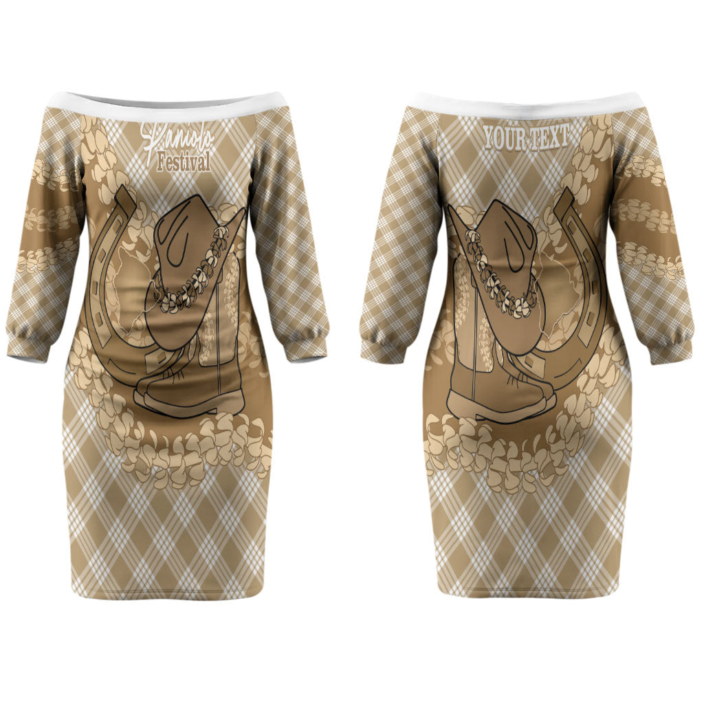 Makue Hawaii Cowboy Palaka Motifs Personalised Couples Matching Off The Shoulder Long Sleeve Dress and Long Sleeve Button Shirt Paniolo Festival Puakenikeni Lei LT14 - Polynesian Pride