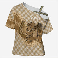 Makue Hawaii Cowboy Palaka Motifs Personalised Cross Shoulder Shirt Paniolo Festival Puakenikeni Lei LT14 Female Brown - Polynesian Pride