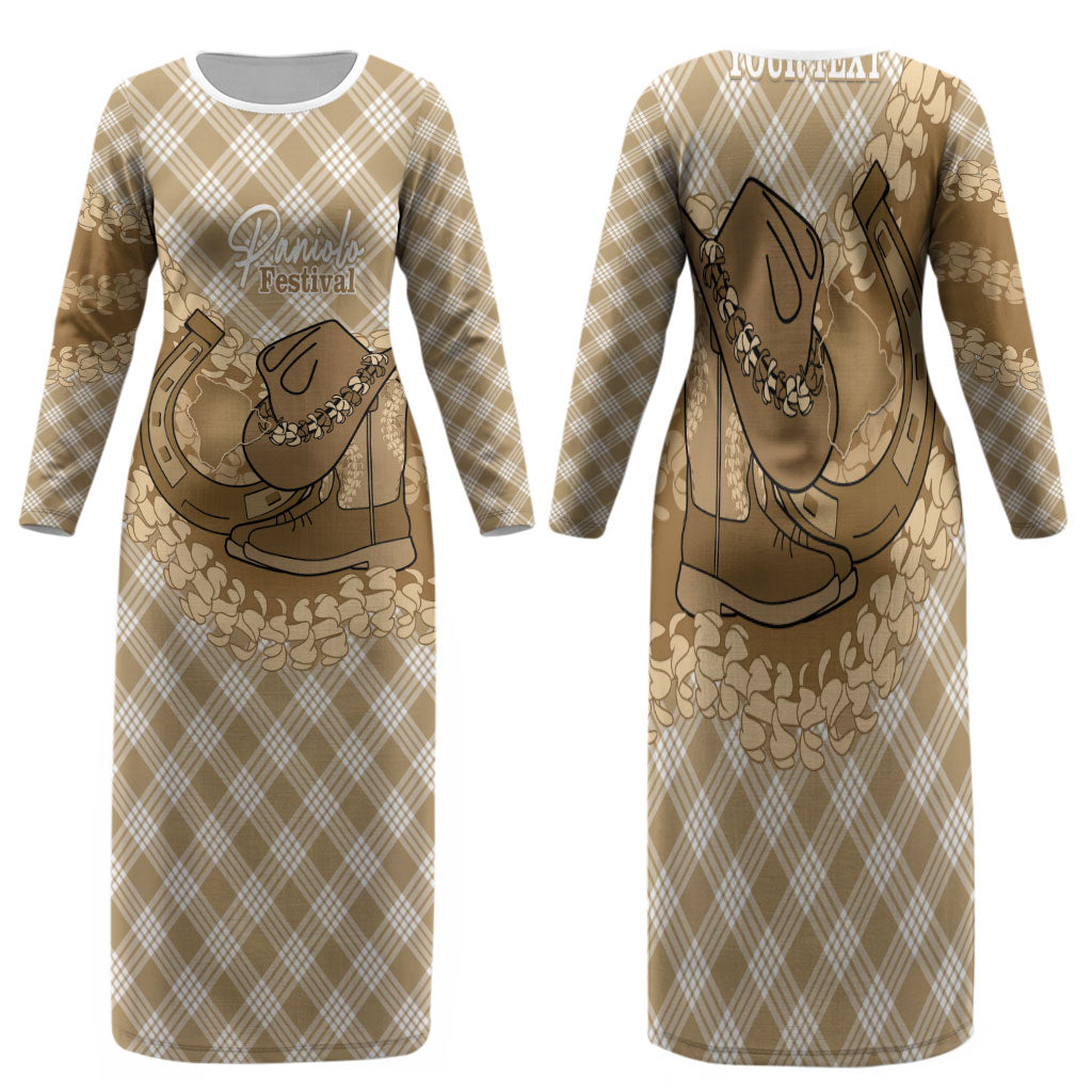 Makue Hawaii Cowboy Palaka Motifs Personalised Family Matching Long Sleeve Bodycon Dress and Hawaiian Shirt Paniolo Festival Puakenikeni Lei LT14 Mom's Dress Brown - Polynesian Pride