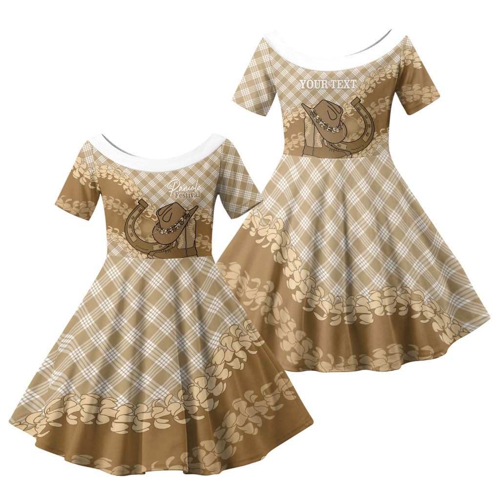 Makue Hawaii Cowboy Palaka Motifs Personalised Family Matching Mermaid Dress and Hawaiian Shirt Paniolo Festival Puakenikeni Lei LT14 Daughter's Dress Brown - Polynesian Pride