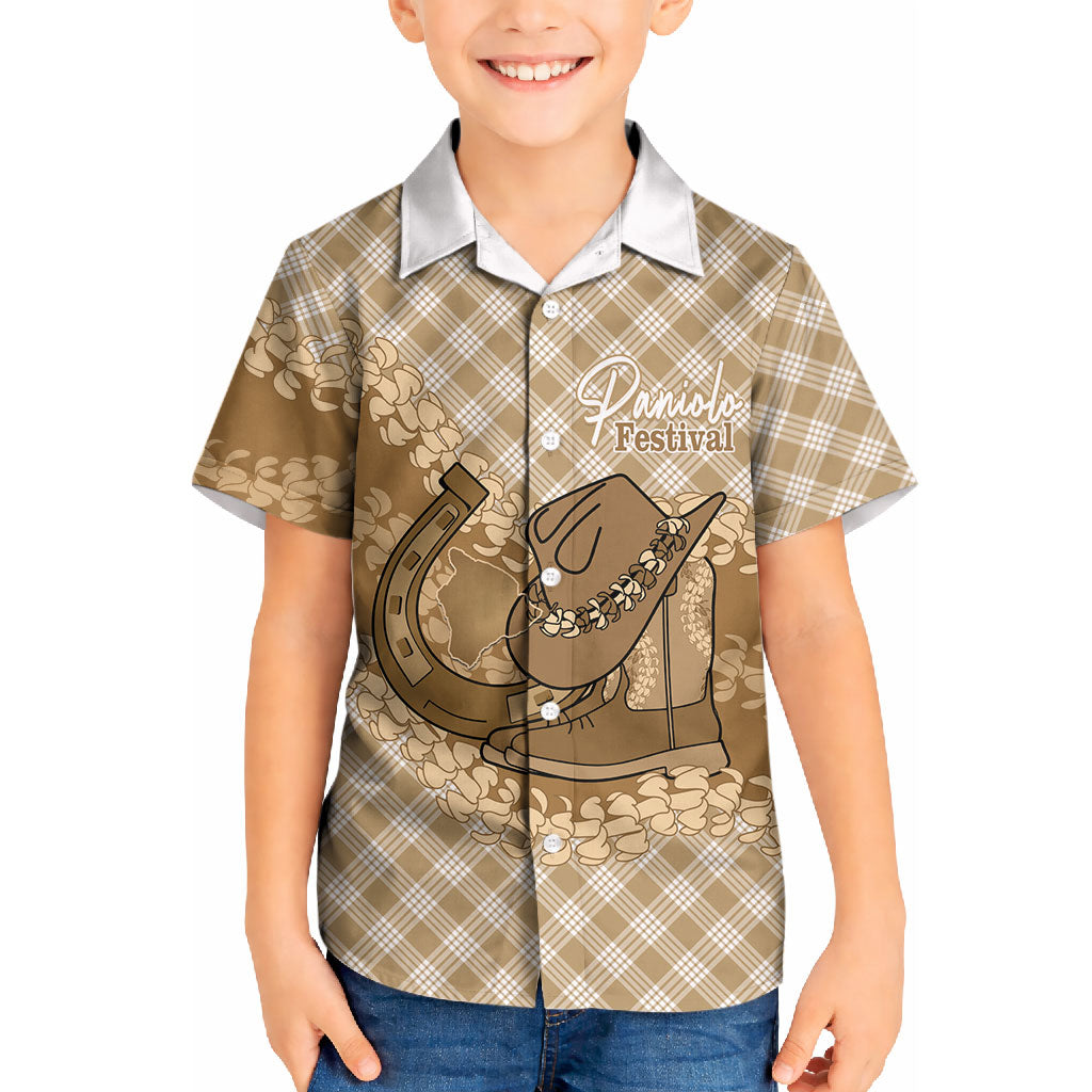 Makue Hawaii Cowboy Palaka Motifs Personalised Kid Hawaiian Shirt Paniolo Festival Puakenikeni Lei