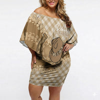 Makue Hawaii Cowboy Palaka Motifs Personalised Off Shoulder Short Dress Paniolo Festival Puakenikeni Lei LT14 Women Brown - Polynesian Pride