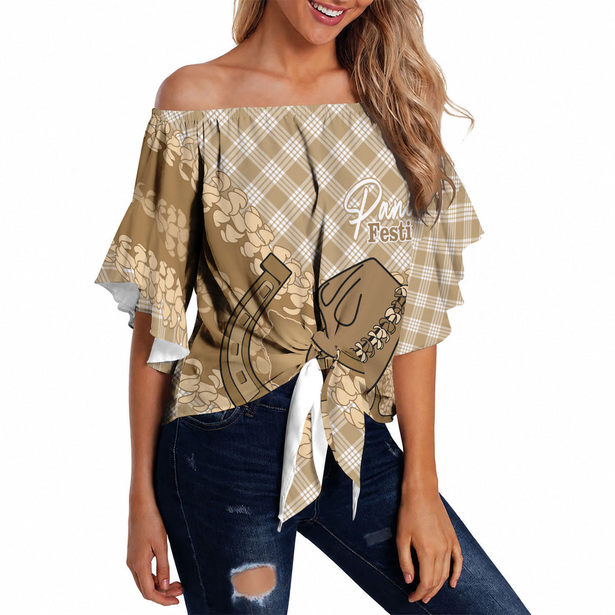 Makue Hawaii Cowboy Palaka Motifs Personalised Off Shoulder Wrap Waist Top Paniolo Festival Puakenikeni Lei LT14 Brown - Polynesian Pride