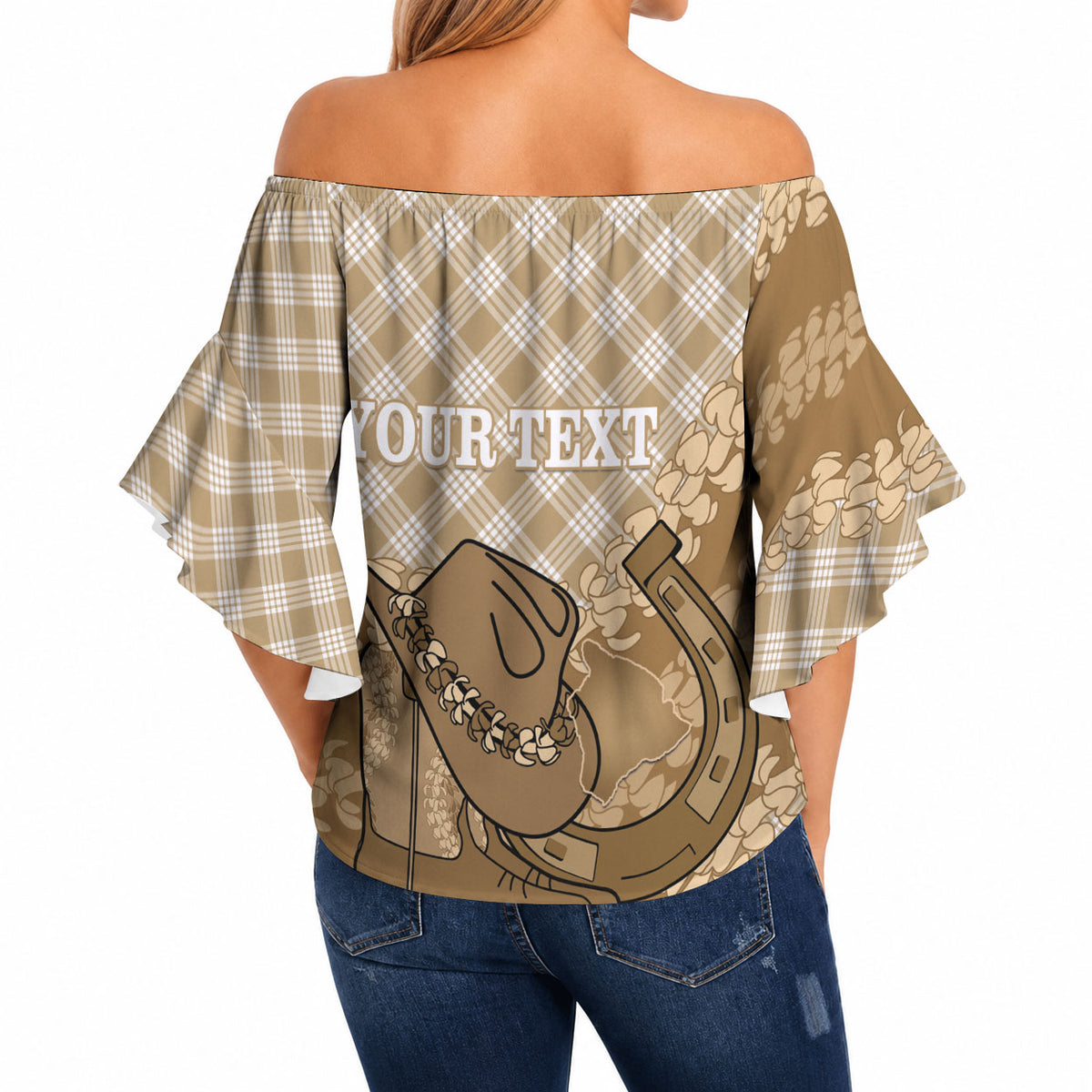Makue Hawaii Cowboy Palaka Motifs Personalised Off Shoulder Wrap Waist Top Paniolo Festival Puakenikeni Lei LT14 - Polynesian Pride