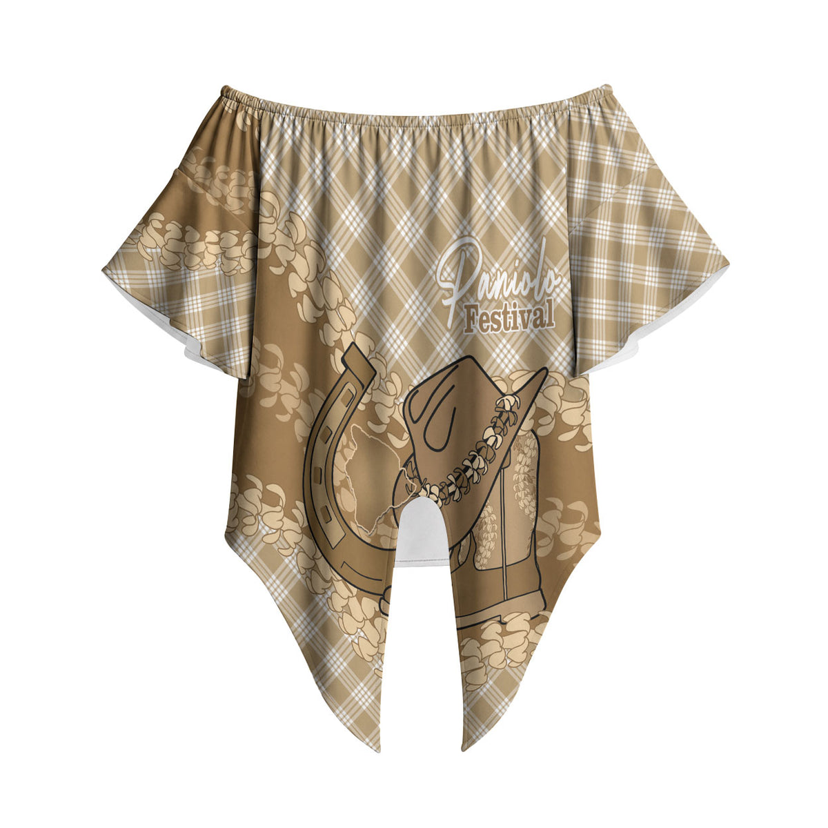 Makue Hawaii Cowboy Palaka Motifs Personalised Off Shoulder Wrap Waist Top Paniolo Festival Puakenikeni Lei LT14 - Polynesian Pride