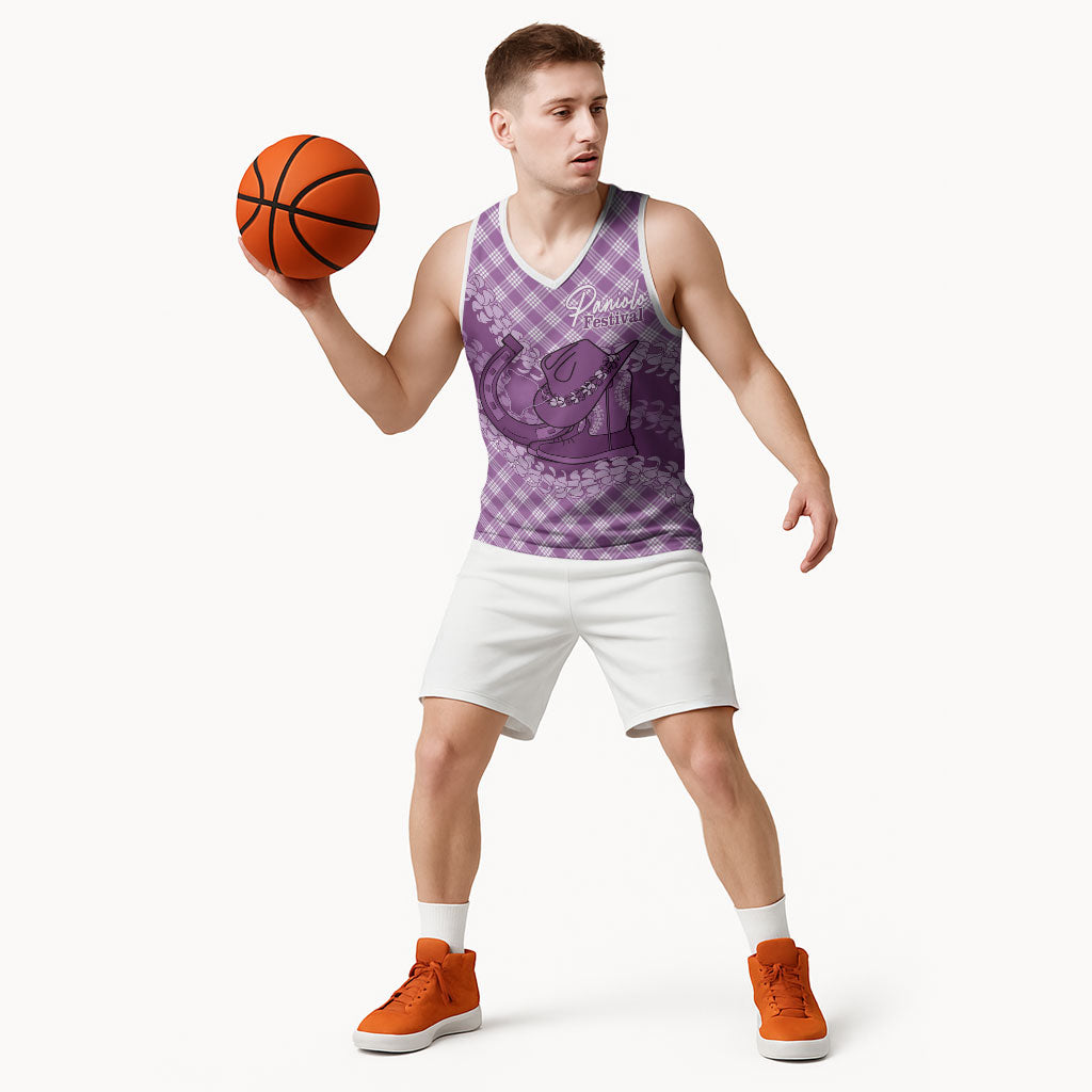 Poni Hawaii Cowboy Palaka Motifs Personalised Basketball Jersey Paniolo Festival Puakenikeni Lei LT14 - Polynesian Pride