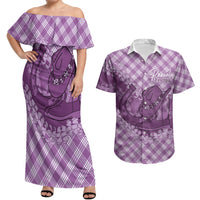 Poni Hawaii Cowboy Palaka Motifs Personalised Couples Matching Off Shoulder Maxi Dress and Hawaiian Shirt Paniolo Festival Puakenikeni Lei LT14 Purple - Polynesian Pride