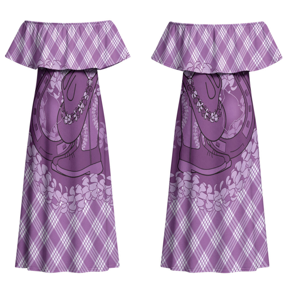 Poni Hawaii Cowboy Palaka Motifs Personalised Couples Matching Off Shoulder Maxi Dress and Hawaiian Shirt Paniolo Festival Puakenikeni Lei LT14 - Polynesian Pride