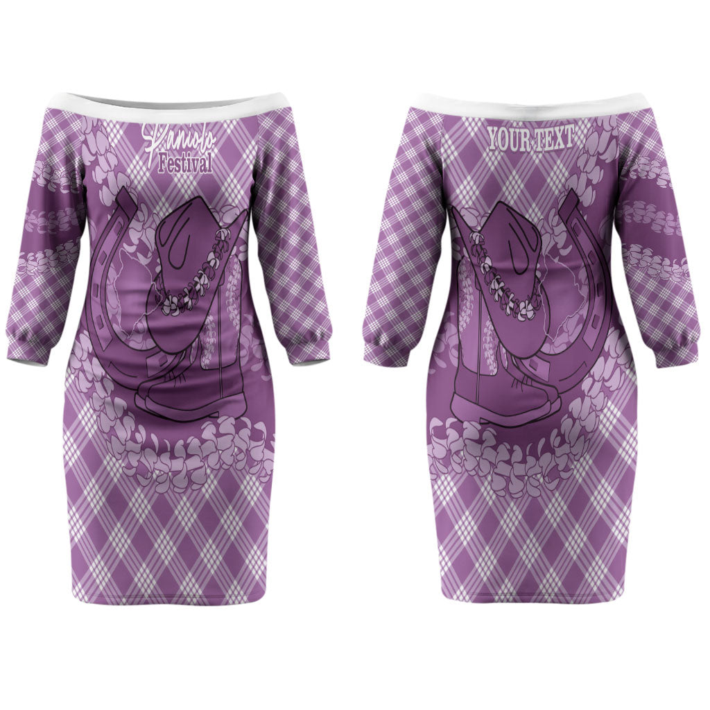 Poni Hawaii Cowboy Palaka Motifs Personalised Couples Matching Off The Shoulder Long Sleeve Dress and Long Sleeve Button Shirt Paniolo Festival Puakenikeni Lei LT14 - Polynesian Pride