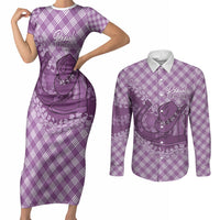 Poni Hawaii Cowboy Palaka Motifs Personalised Couples Matching Short Sleeve Bodycon Dress and Long Sleeve Button Shirt Paniolo Festival Puakenikeni Lei LT14 Purple - Polynesian Pride