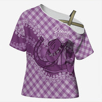 Poni Hawaii Cowboy Palaka Motifs Personalised Cross Shoulder Shirt Paniolo Festival Puakenikeni Lei LT14 Female Purple - Polynesian Pride