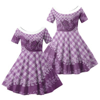 Poni Hawaii Cowboy Palaka Motifs Personalised Family Matching Off The Shoulder Long Sleeve Dress and Hawaiian Shirt Paniolo Festival Puakenikeni Lei LT14 Daughter's Dress Purple - Polynesian Pride