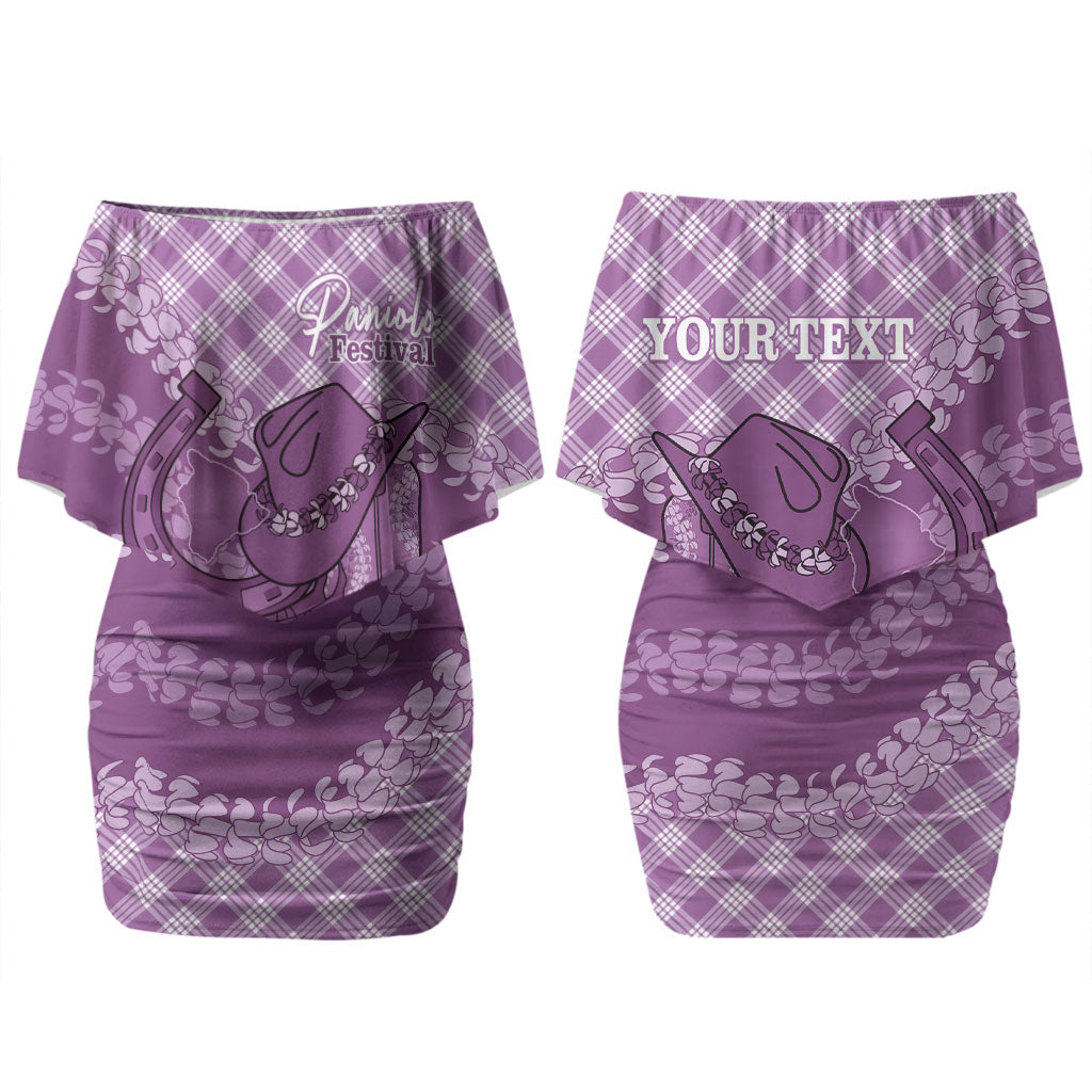 Poni Hawaii Cowboy Palaka Motifs Personalised Family Matching Off Shoulder Short Dress and Hawaiian Shirt Paniolo Festival Puakenikeni Lei LT14 Mom's Dress Purple - Polynesian Pride