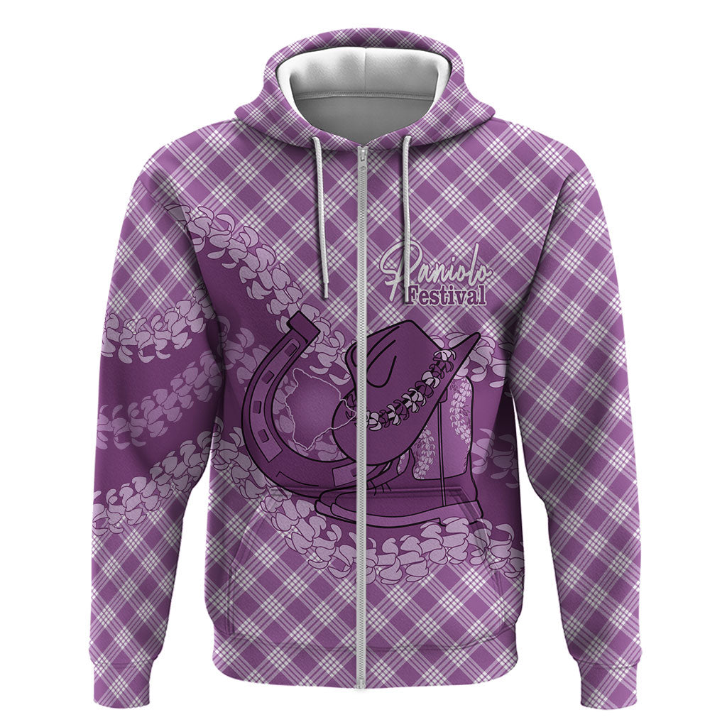Poni Hawaii Cowboy Palaka Motifs Personalised Hoodie Paniolo Festival Puakenikeni Lei LT14 Zip Hoodie Purple - Polynesian Pride
