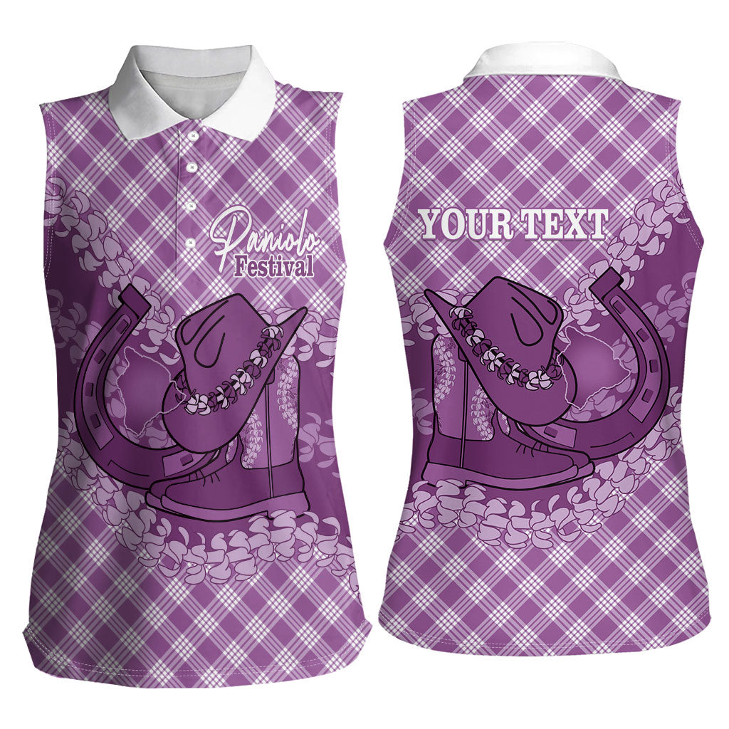 Poni Hawaii Cowboy Palaka Motifs Personalised Women Sleeveless Polo Shirt Paniolo Festival Puakenikeni Lei LT14 - Polynesian Pride