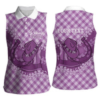 Poni Hawaii Cowboy Palaka Motifs Personalised Women Sleeveless Polo Shirt Paniolo Festival Puakenikeni Lei LT14 - Polynesian Pride