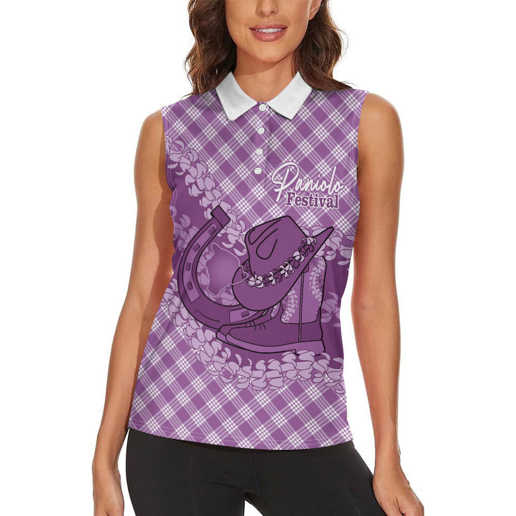 Poni Hawaii Cowboy Palaka Motifs Personalised Women Sleeveless Polo Shirt Paniolo Festival Puakenikeni Lei LT14 - Polynesian Pride