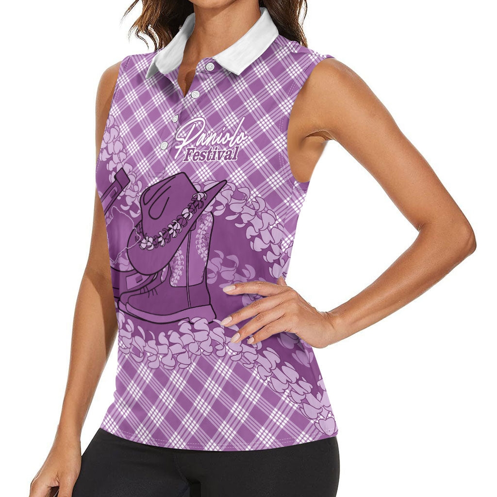Poni Hawaii Cowboy Palaka Motifs Personalised Women Sleeveless Polo Shirt Paniolo Festival Puakenikeni Lei LT14 - Polynesian Pride